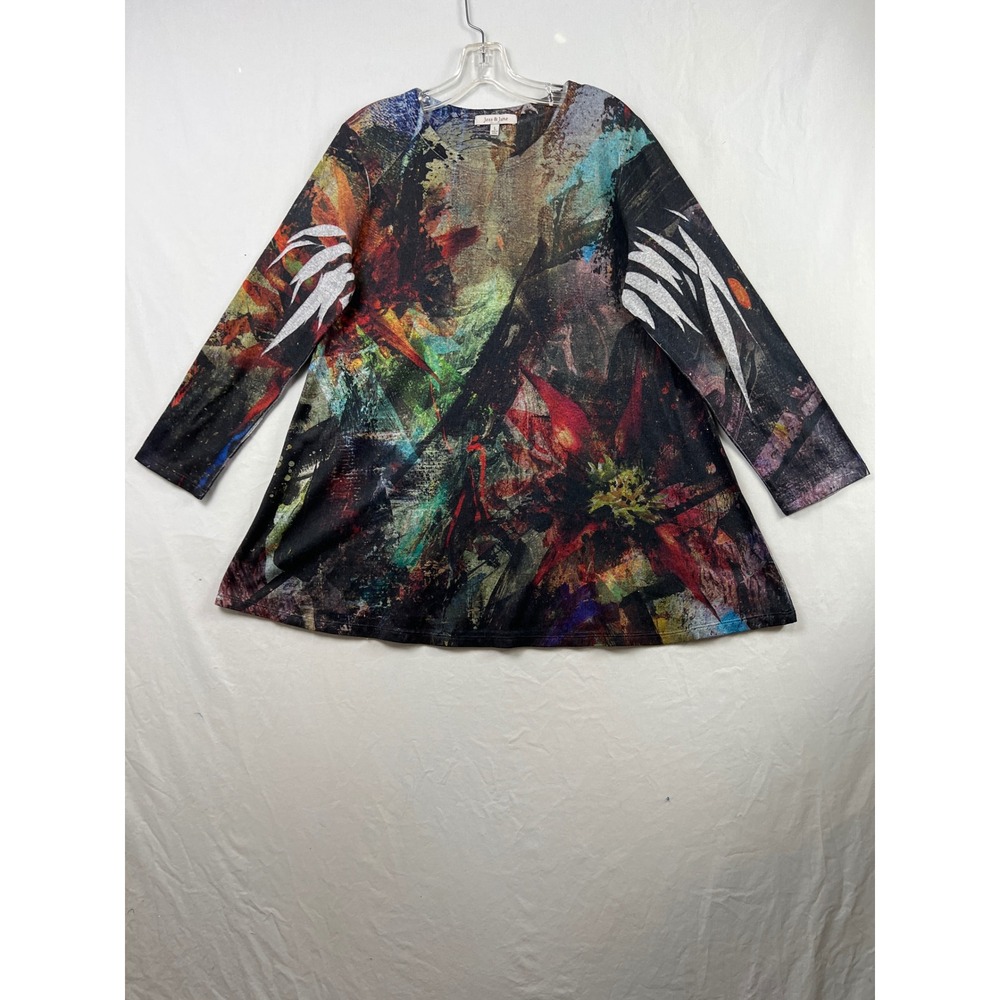 Jess & Jane Tunic Women Large Multi-Color Abstract Floral A-Line Art To Wear Top